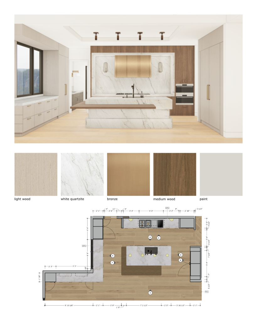When Should You Hire an Interior Designer for a Custom Home? 1 Kitchen design documentation with a rendered view, material palette and dimensioned floor plan